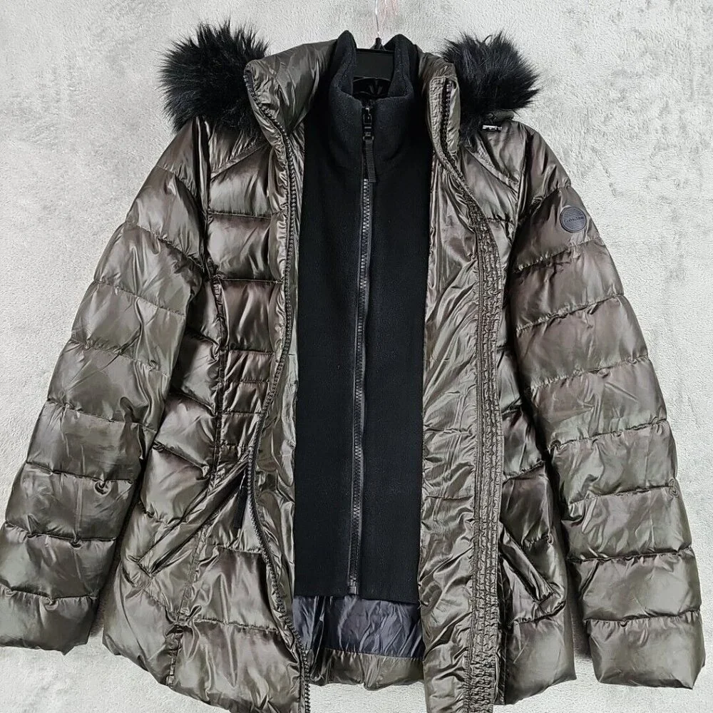 Calvin Klein Duck Down Puffer Jacket Womens Size M Brown Faux Fur Trim Hood - Picture 6 of 10